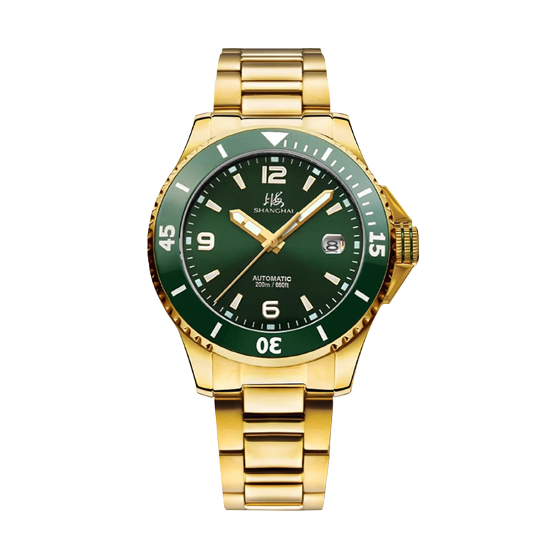 Shanghai Watch Memoir Diving Watch Green Dial Gold Strap 41mm