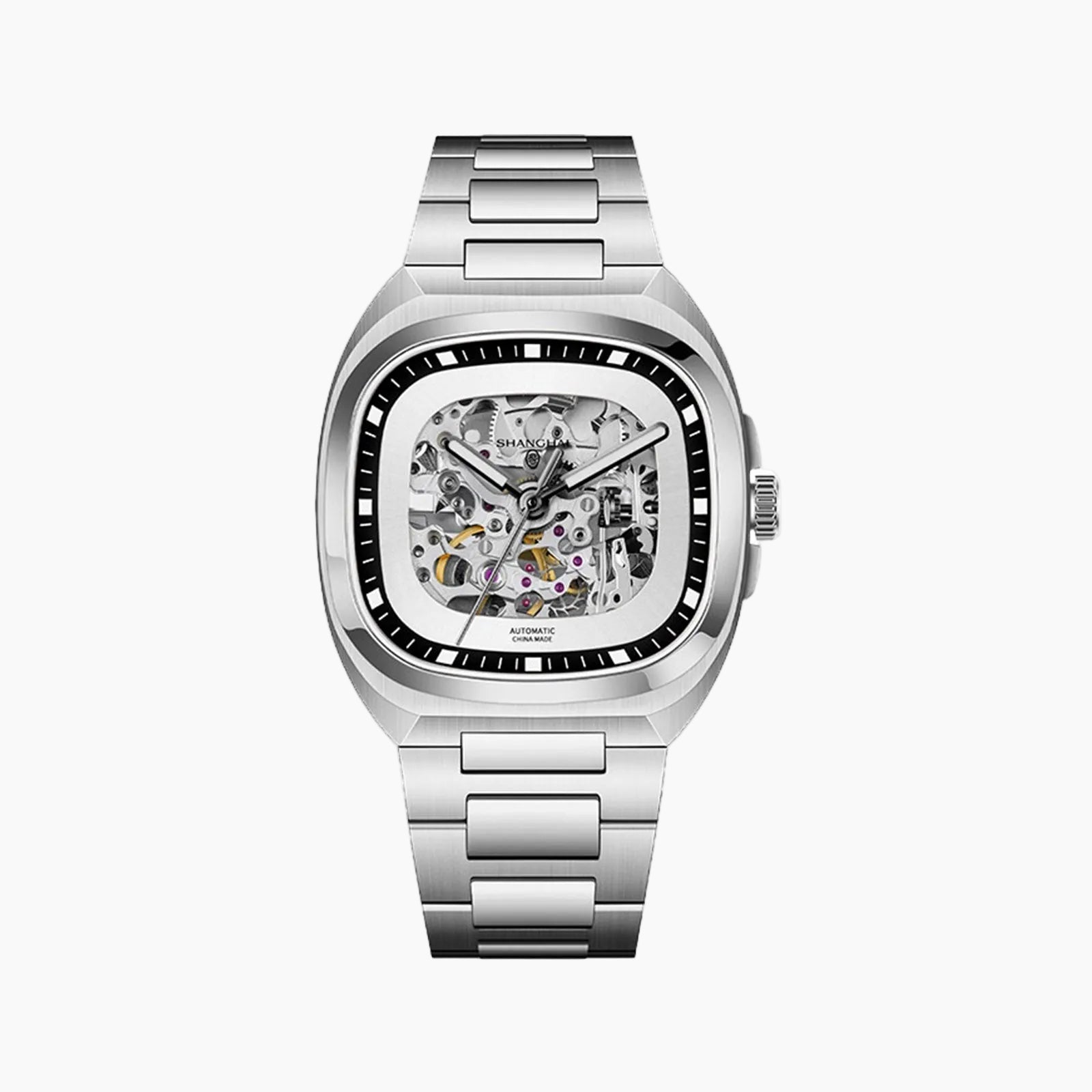 Silver wristwatch with a transparent face on a white background