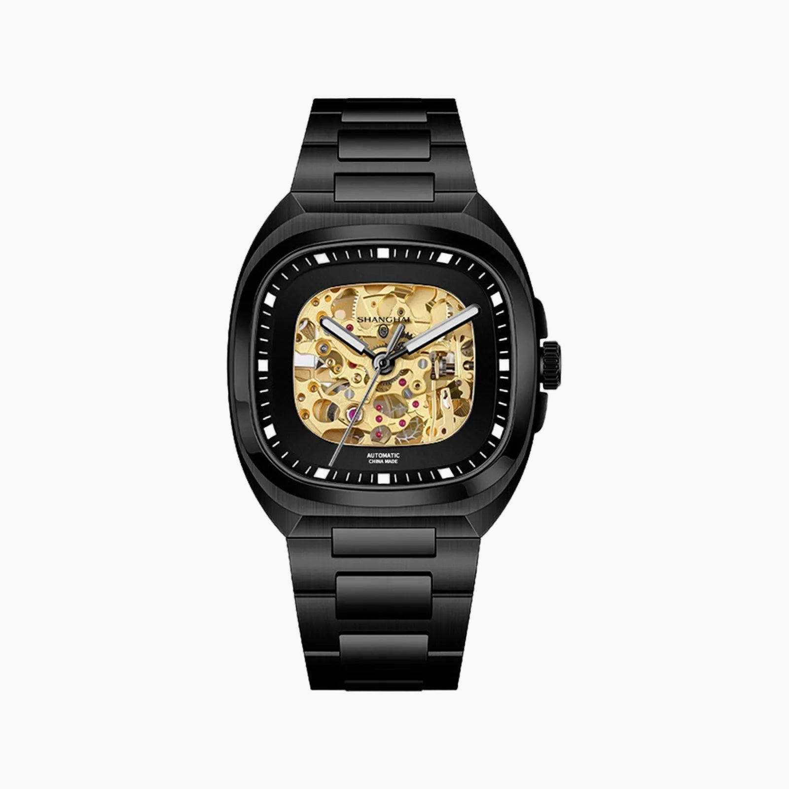 Black wristwatch with a gold mechanical face on a white background