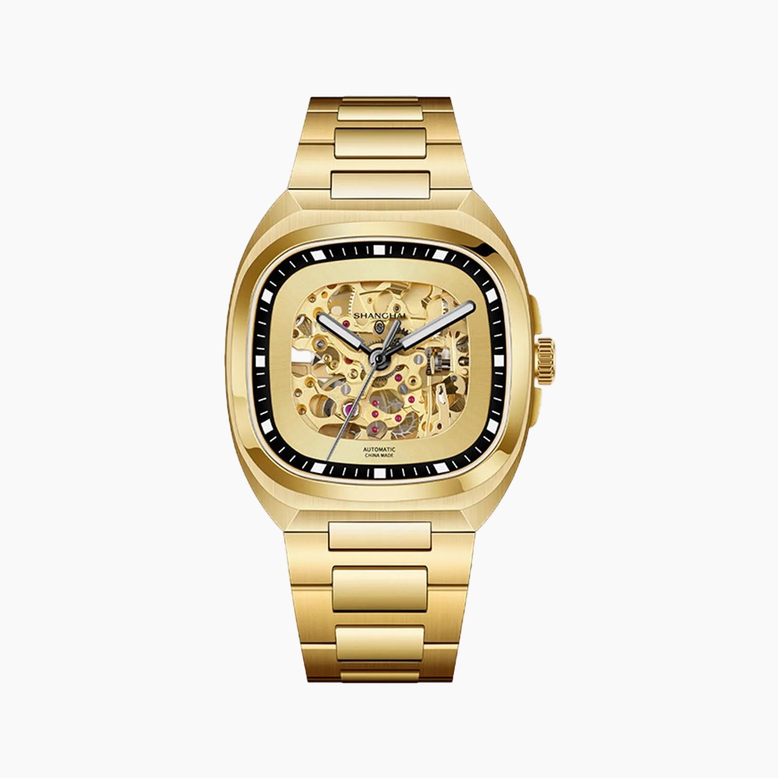 Gold wristwatch with a detailed mechanical face on a white background