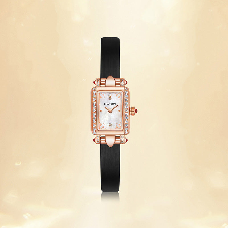 Shanghai Watch Magnolia Cube Rose Gold Quartz Leather Strap