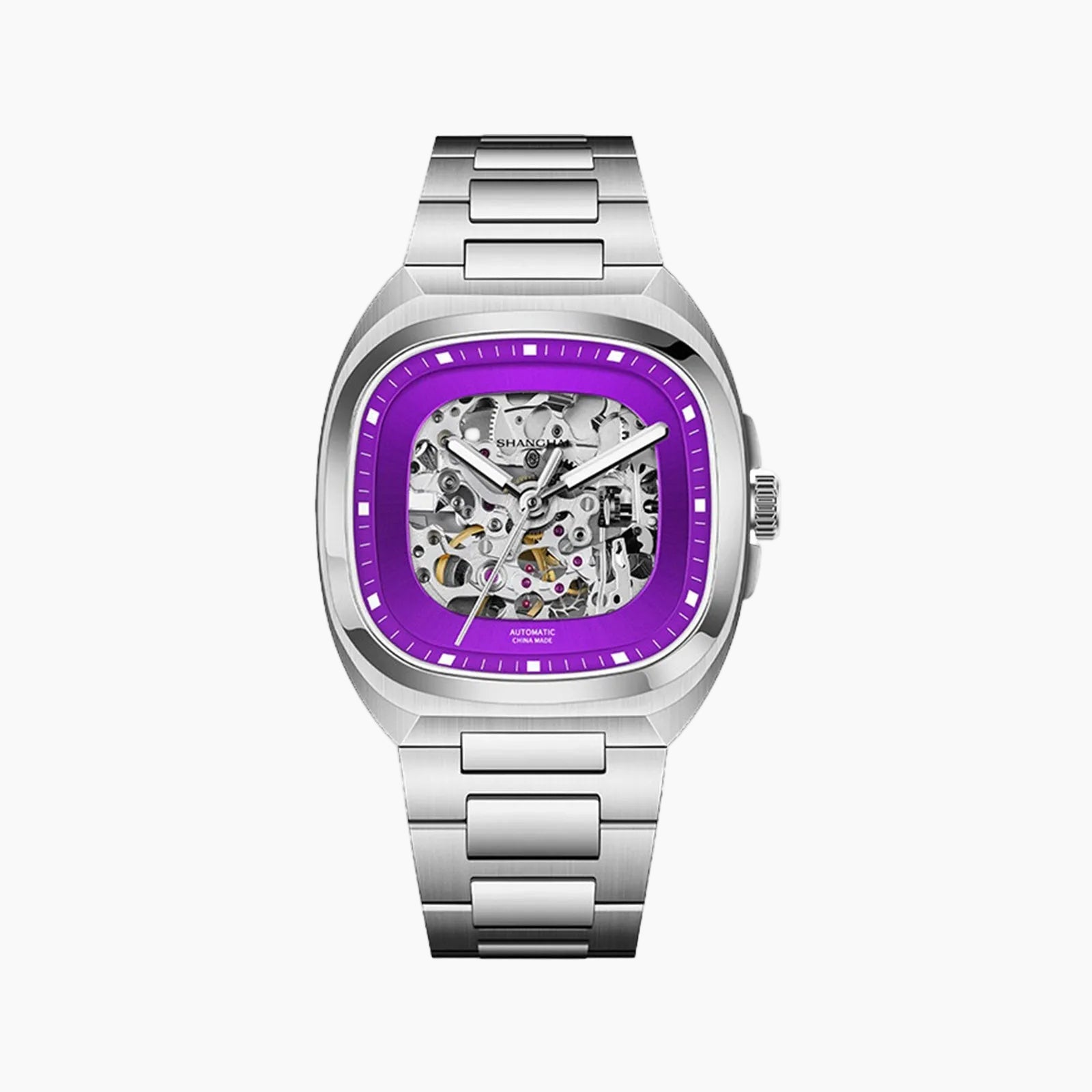 Watch with a purple face and silver metal strap on a white background