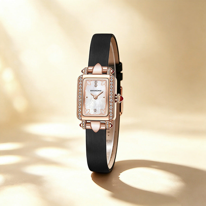 Shanghai Watch Magnolia Cube Rose Gold Quartz Leather Strap