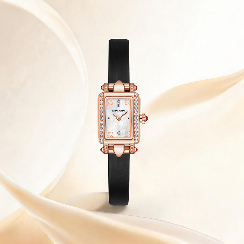 Shanghai Watch Magnolia Cube Rose Gold Quartz Leather Strap