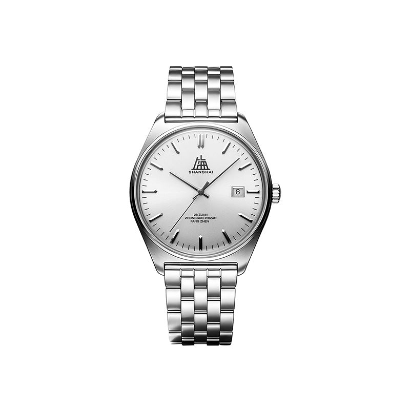 A silver stainless steel wristwatch with a white dial, featuring a date window at 3 o'clock and a matching metal link bracelet, shown against a plain white background.