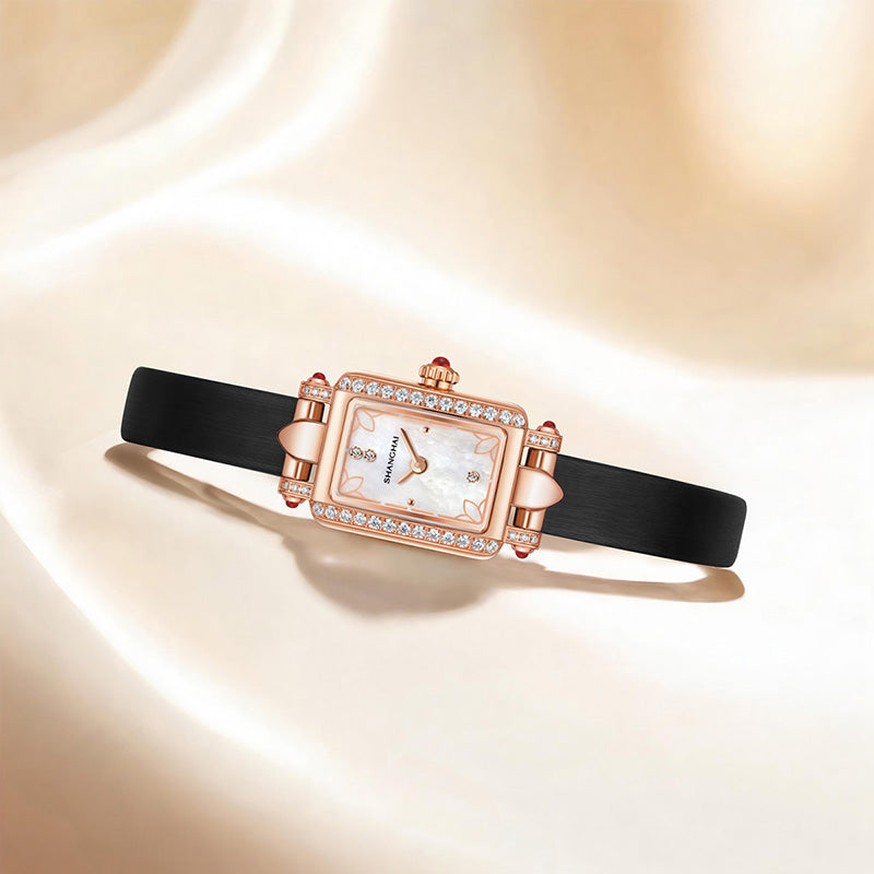 Shanghai Watch Magnolia Cube Rose Gold Quartz Leather Strap