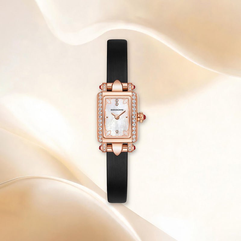 Shanghai Watch Magnolia Cube Rose Gold Quartz Leather Strap
