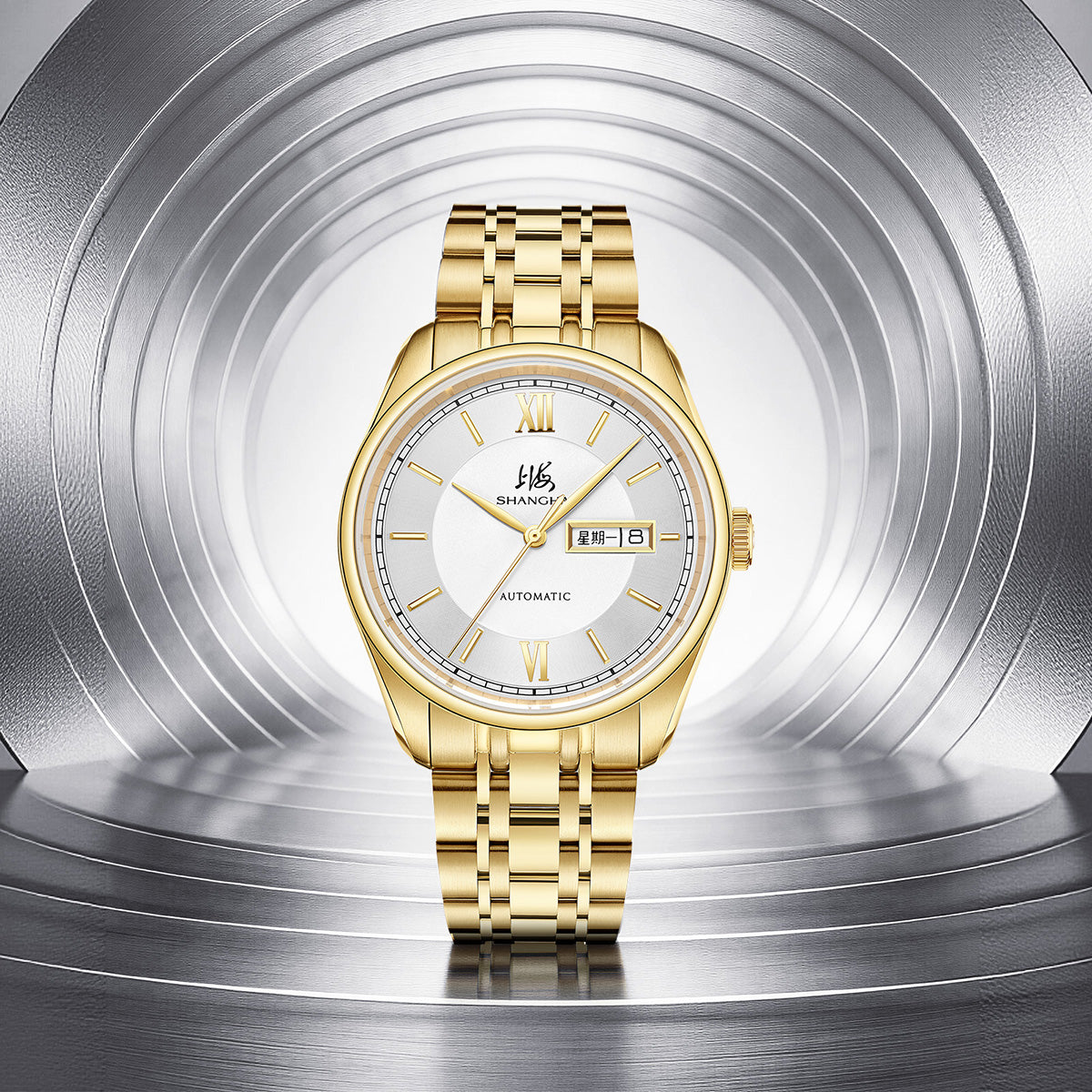 Shanghai Watch Business Classic 316L Steel Golden Strap 40mm
